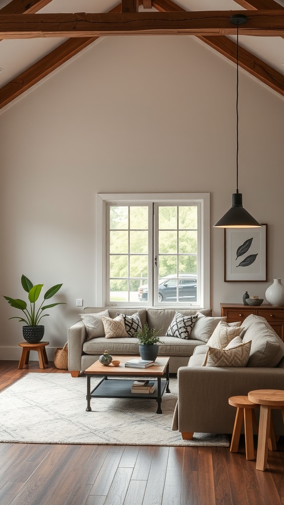 A cozy farmhouse living room with a sofa, wooden coffee table, and stylish pendant light.