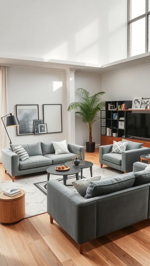 A stylish living room featuring a cozy sofa set, coffee table, and decorative elements.