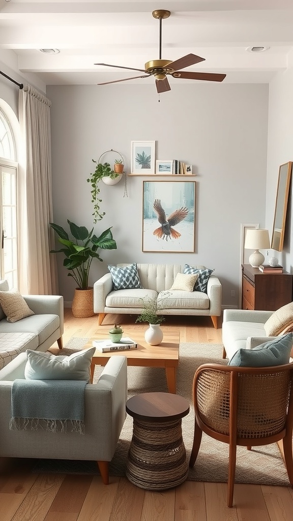 A modern living room with minimalist furniture, featuring a cozy seating arrangement and a simple coffee table.