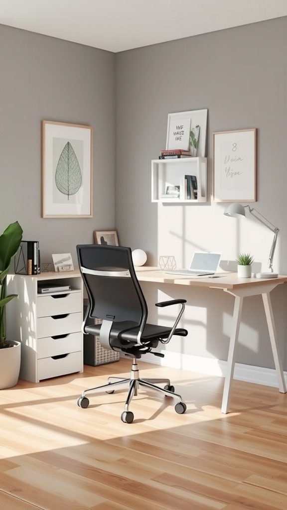 A minimalist home office setup with a desk, computer, and chair.