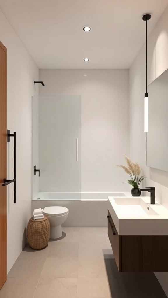 A modern Japanese bathroom featuring a bathtub, sink, and minimalistic decor.