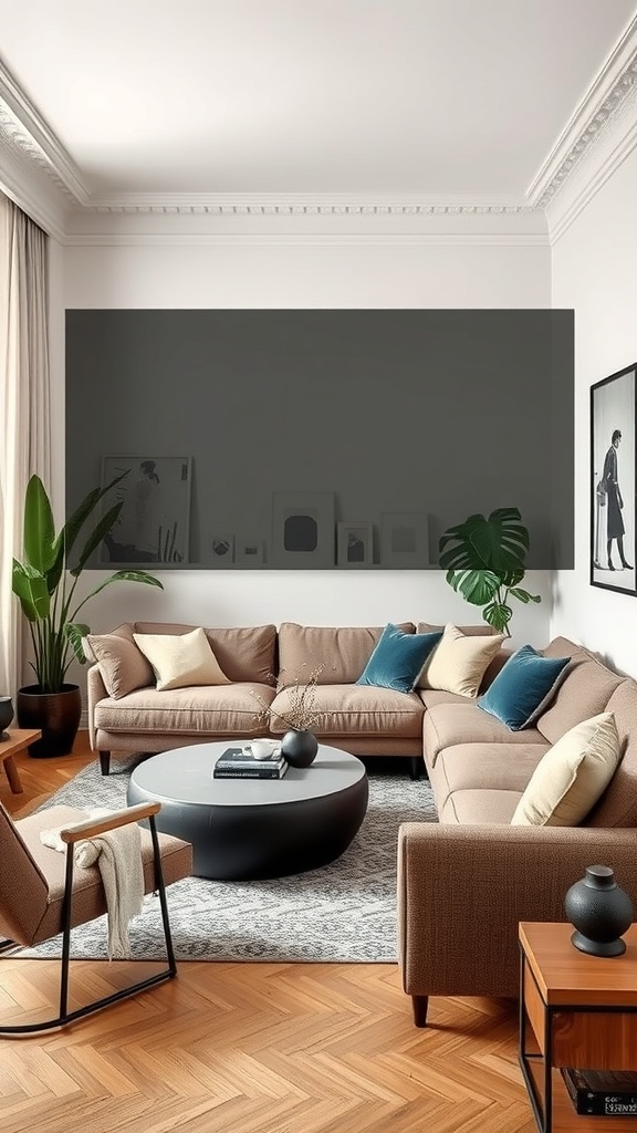 A stylish small living room featuring a cozy sectional sofa, round coffee table, and plants.