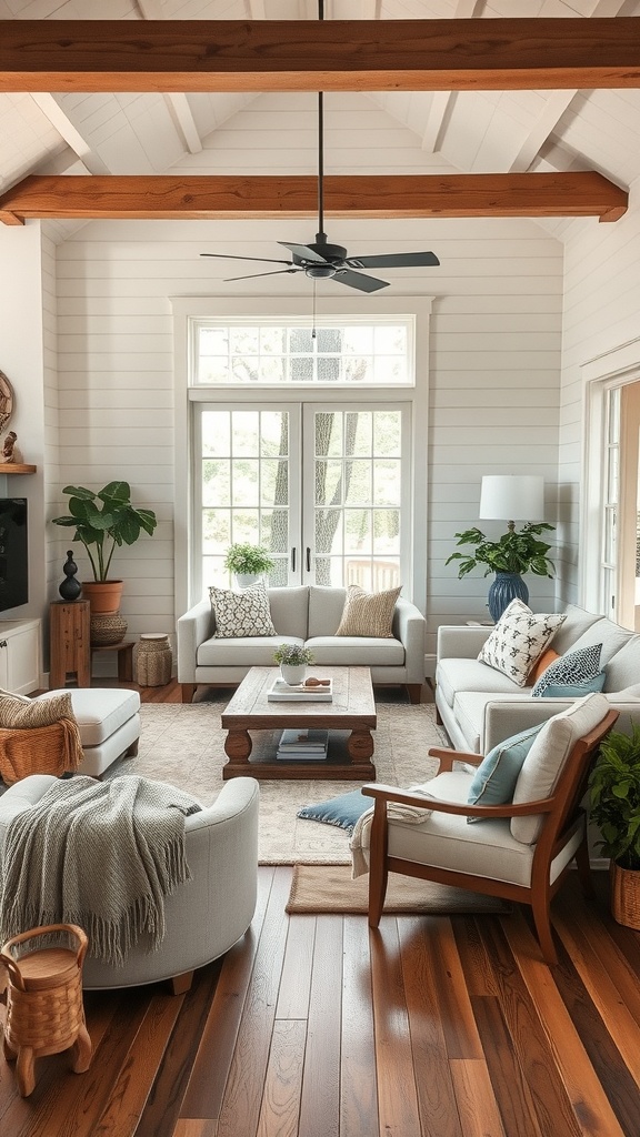 A cozy farmhouse living room with light-colored furniture, wooden beams, and plants.