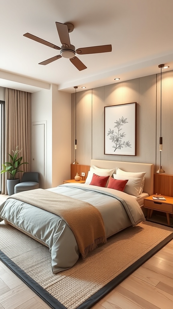 A modern Japandi bedroom featuring a cozy bed, warm colors, and functional storage solutions.