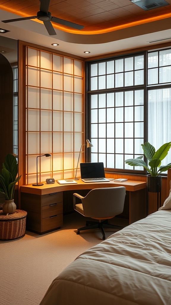 A stylish workspace in a Japandi bedroom featuring a wooden desk, comfortable chair, and natural light.