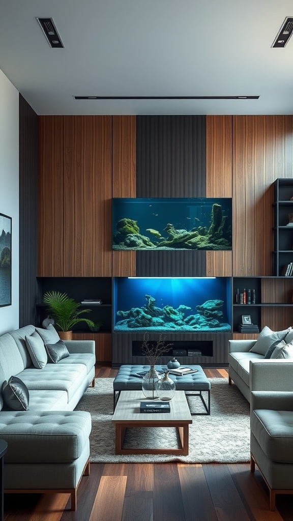 Modern living room with stylish furniture and an aquarium.