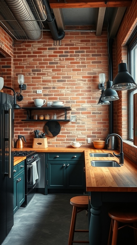 A stylish urban loft kitchen featuring exposed brick walls, black cabinetry, and wooden countertops.