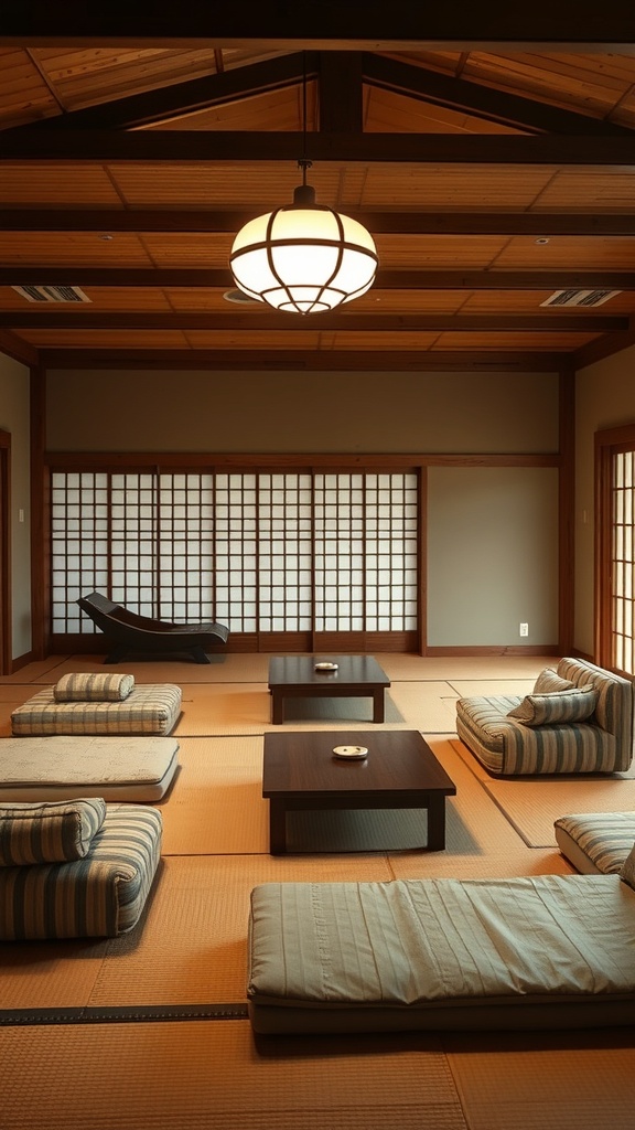 A Japanese living room featuring futons and a low table, with natural light streaming through large windows.