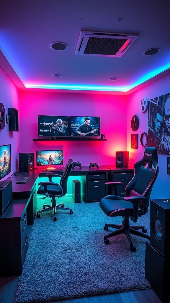 A cozy gaming setup featuring colorful LED lights, dual monitors, and a comfortable gaming chair.
