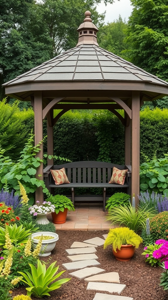 A charming garden gazebo with a bench surrounded by colorful flowers and greenery.
