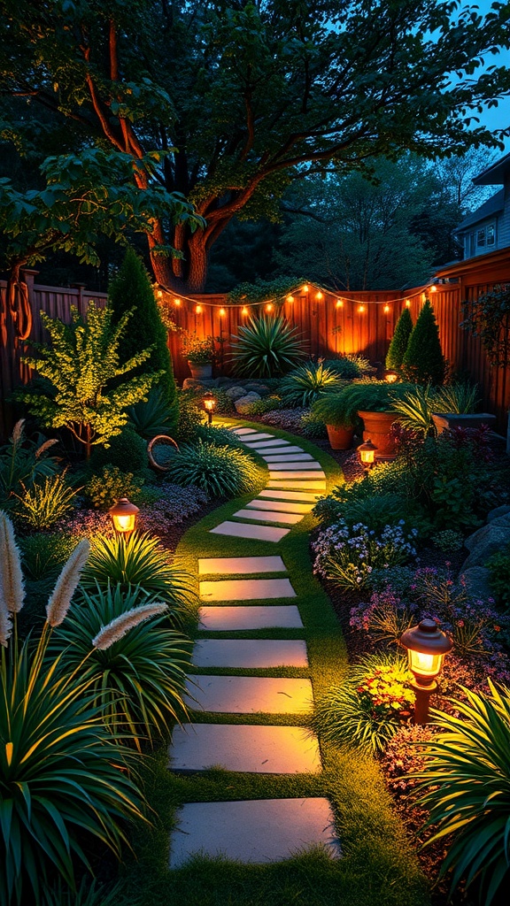 A beautifully lit garden path with string lights and lamps illuminating the foliage.