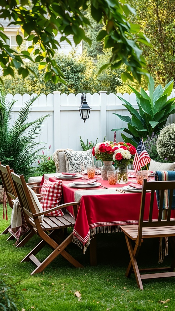 A beautifully set outdoor table with a red tablecloth, floral arrangements, and cozy seating, perfect for a garden party.