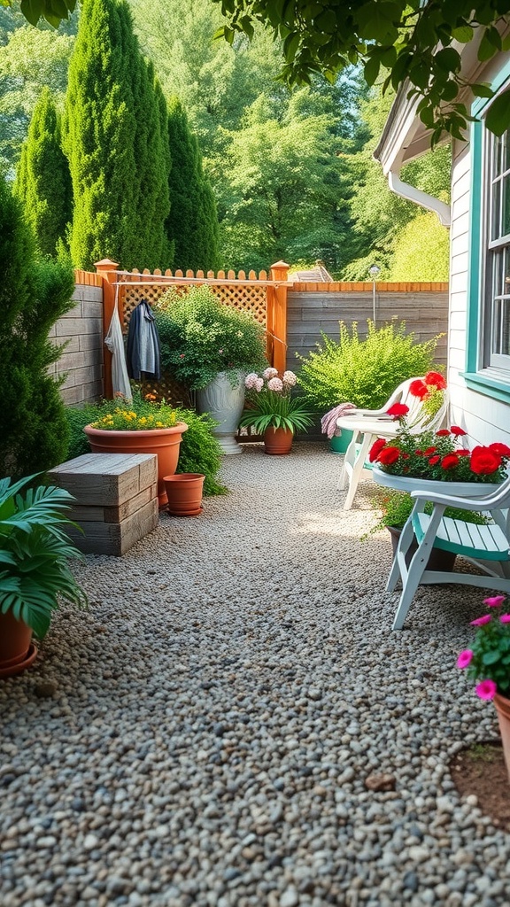 A charming garden pathway made of gravel, lined with potted plants and greenery.