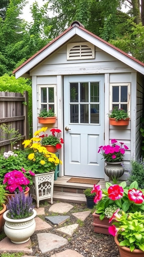 A colorful garden shed surrounded by vibrant flowers in pots.