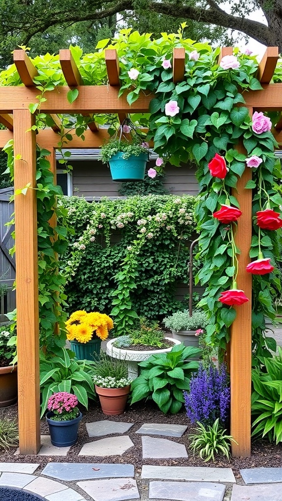 A wooden garden trellis adorned with climbing vines and colorful flowers.