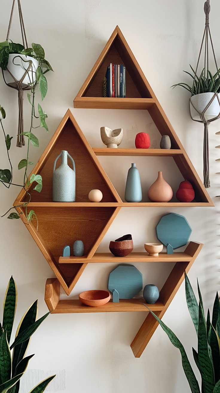 A stylish geometric wall shelf with various decorative items