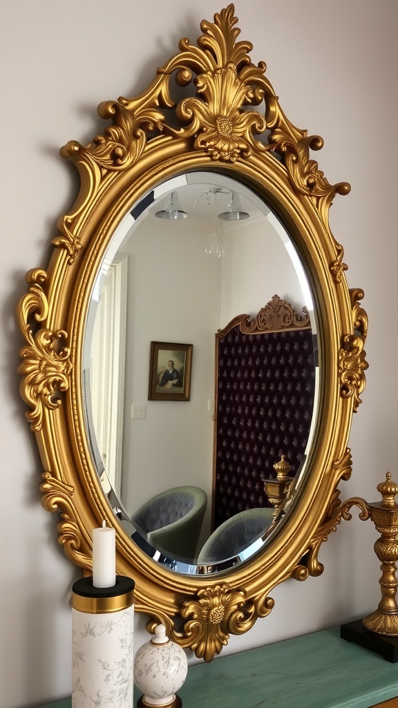 A large ornate gilded mirror reflecting a luxurious interior with red walls and elegant furniture.