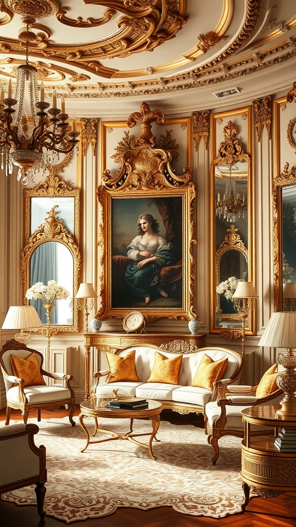 A Rococo living room featuring gilded mirrors and ornate frames.
