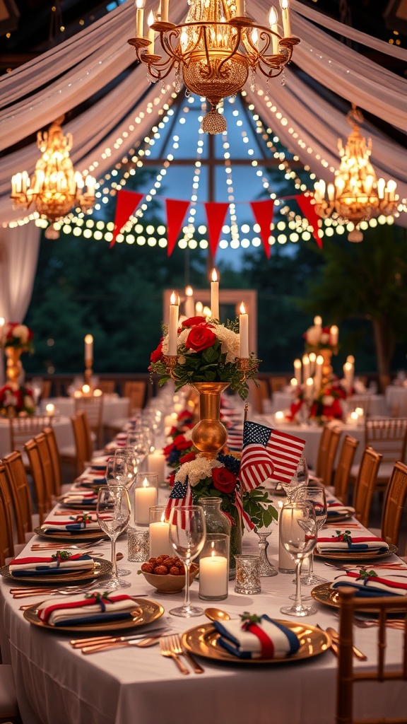 Glamorous Fourth of July tablescape with elegant decor and patriotic colors.
