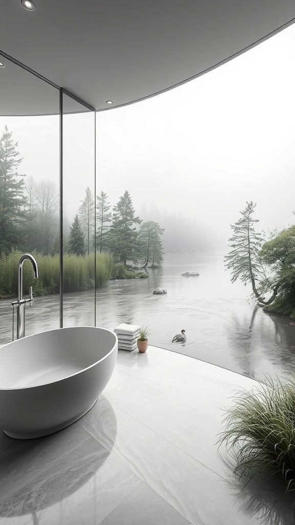 A modern bathroom with a glass wall overlooking a river and trees.