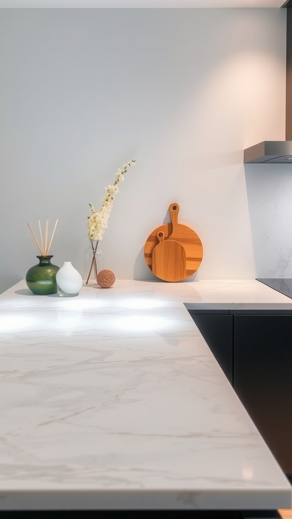 A modern kitchen countertop made of glass with underlighting, featuring decorative vases and a wooden cutting board.