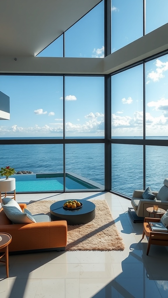 A modern living room with large glass walls overlooking the ocean.