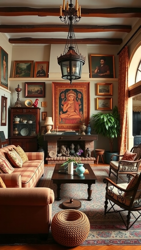 A cozy living room filled with diverse artwork and cultural decor.