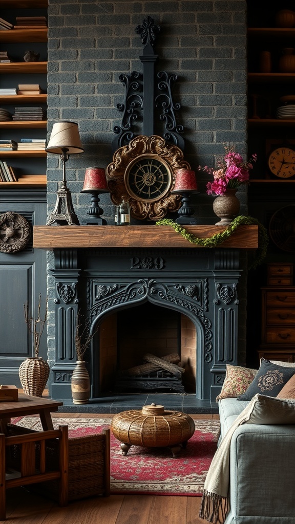 A Gothic-inspired fireplace with intricate designs, surrounded by cozy decor.