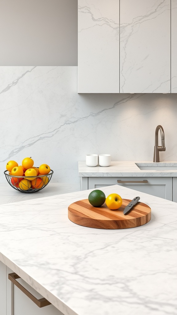 Granite countertop with natural stone finish featuring a wooden cutting board and fresh fruits.