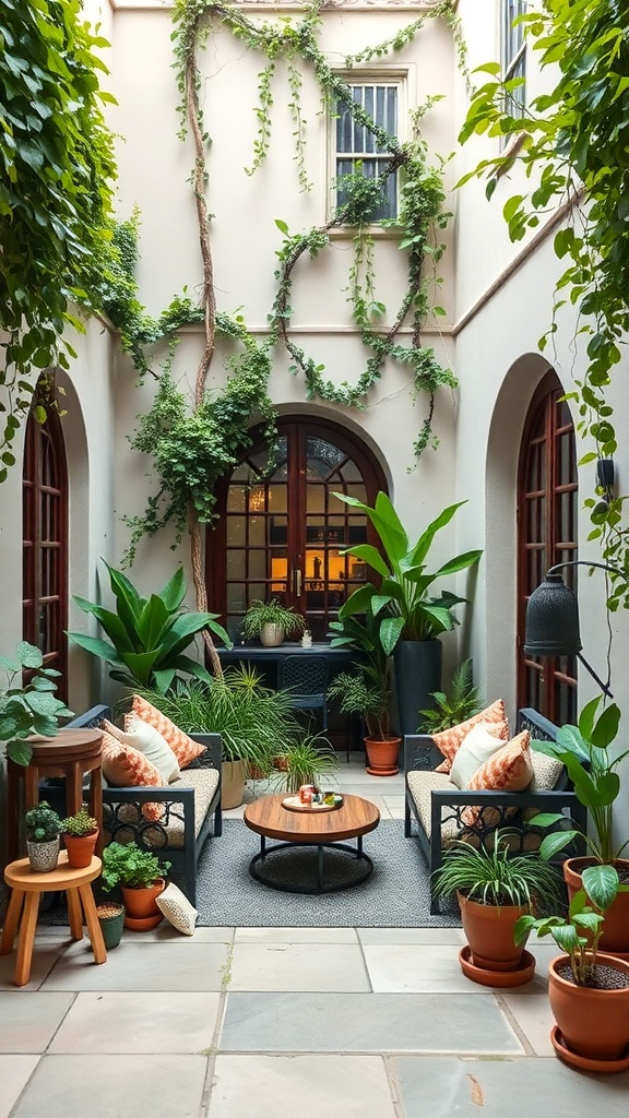 A cozy courtyard lounge with lush greenery and comfortable seating.
