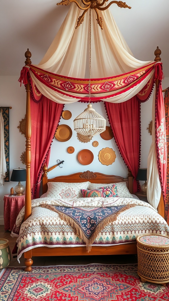 A cozy bedroom featuring a colorful canopy bed with rich fabrics and eclectic decor.