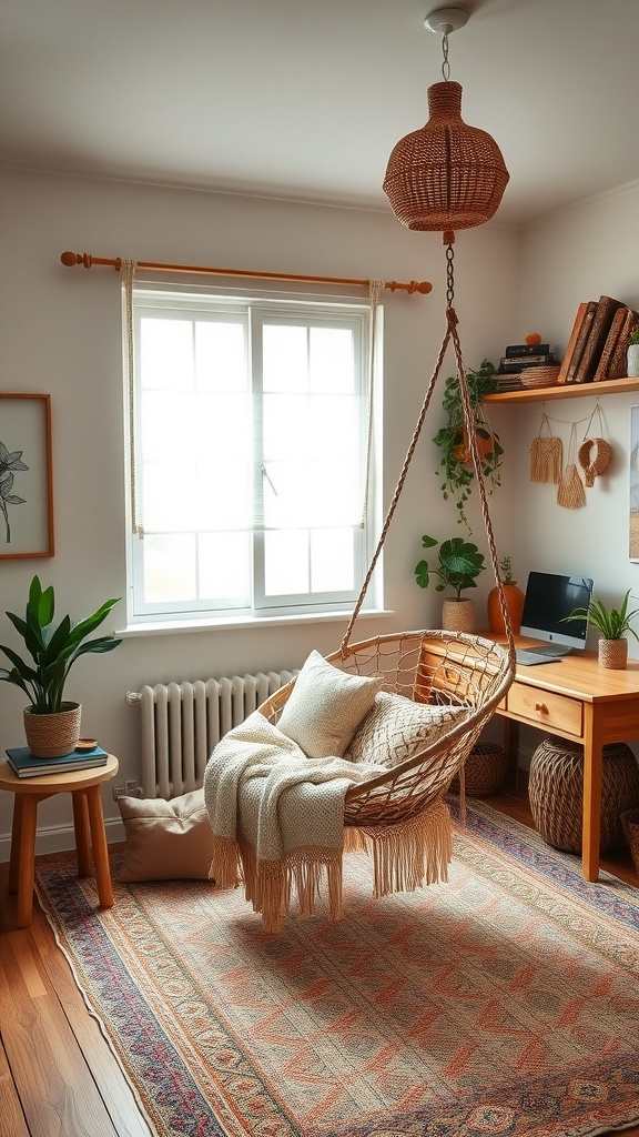 A cozy hammock chair in a boho chic bedroom with plants and warm decor.