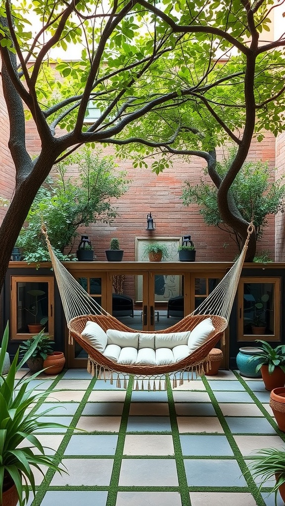 A hammock hanging in a courtyard surrounded by plants and trees.