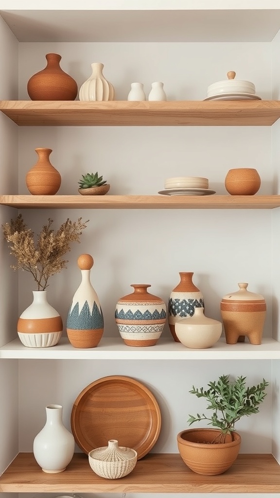 Shelves displaying various handcrafted ceramic and wooden items.