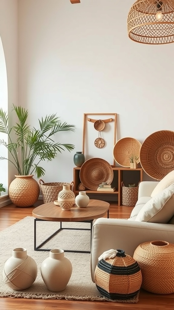A cozy farmhouse living room featuring handcrafted decor elements like woven baskets and pottery.
