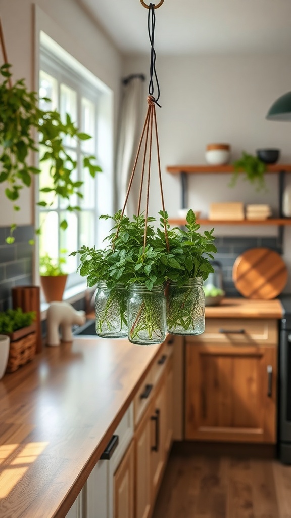 A hanging herb garden with mason jars filled with fresh herbs, suspended in a cozy kitchen.
