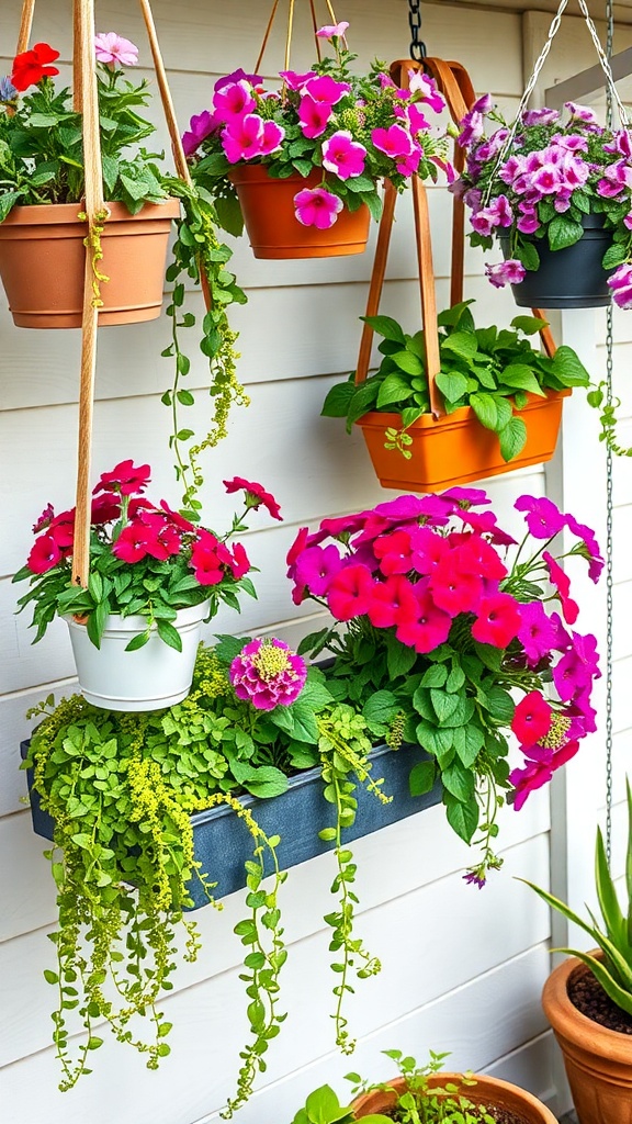 Colorful hanging planters with flowers in a garden setting.