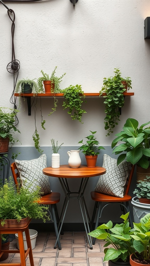 A cozy coffee nook with a wooden table and chairs surrounded by various potted herbs and plants.