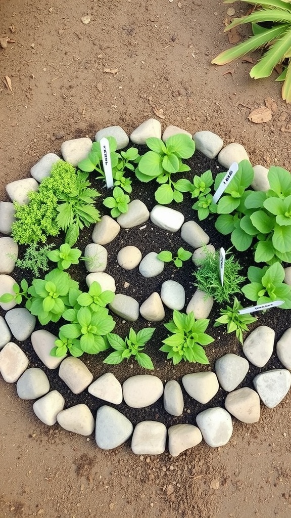 A top view of a herb spiral garden with various herbs planted in a circular arrangement surrounded by stones.