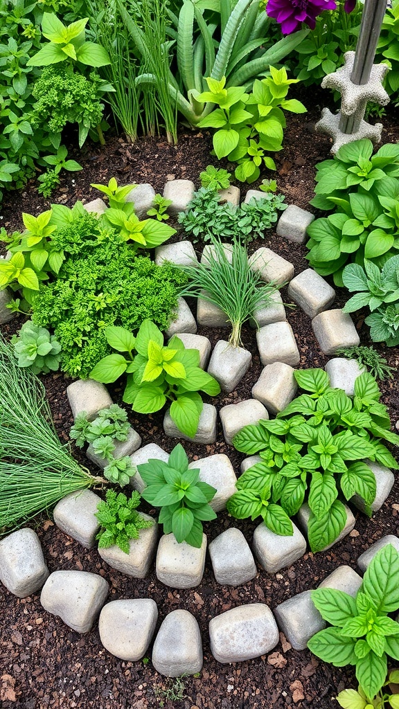 A vibrant herb spiral garden featuring various herbs arranged in a spiral pattern with stones.