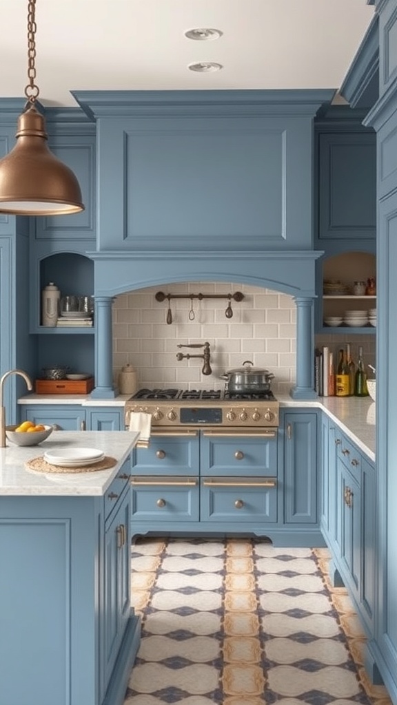 A kitchen featuring heritage blue cabinetry and warm copper fixtures.