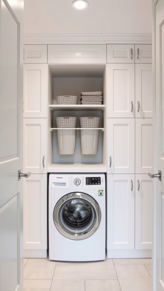 A compact laundry room with hidden appliances and organized storage.