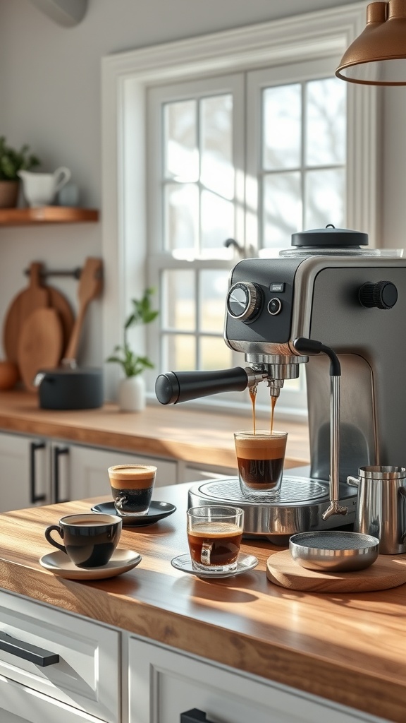 A stylish home espresso machine on a wooden countertop with various coffee cups.