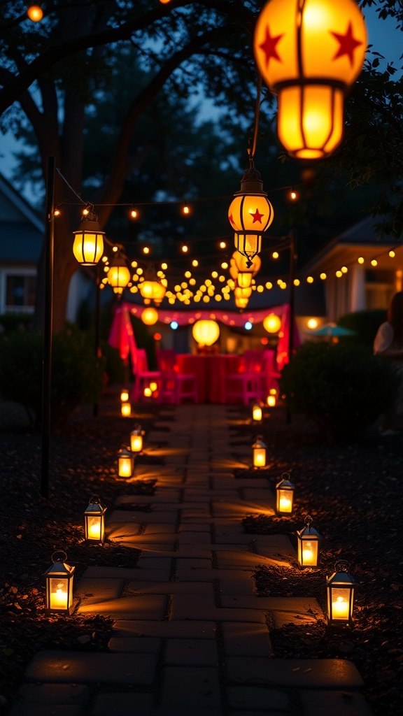 Pathway decorated with glowing lanterns and string lights for a festive outdoor setting.