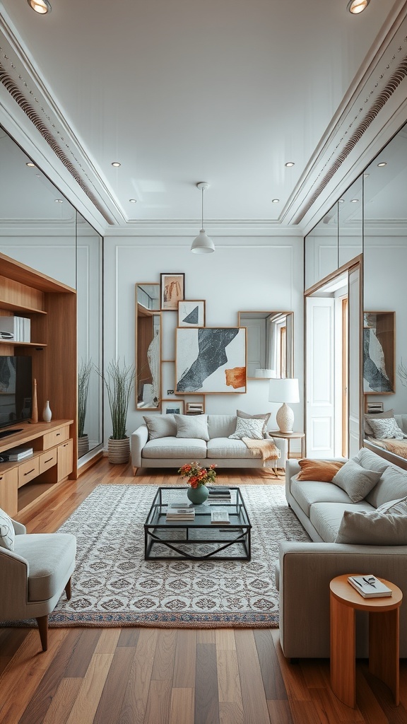 A modern living room with mirrors and art creating an illusion of depth.