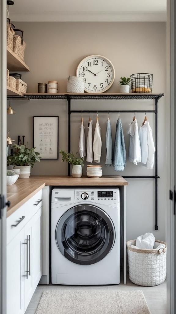 A compact laundry room featuring a drying rack, neatly organized clothes, and storage solutions.