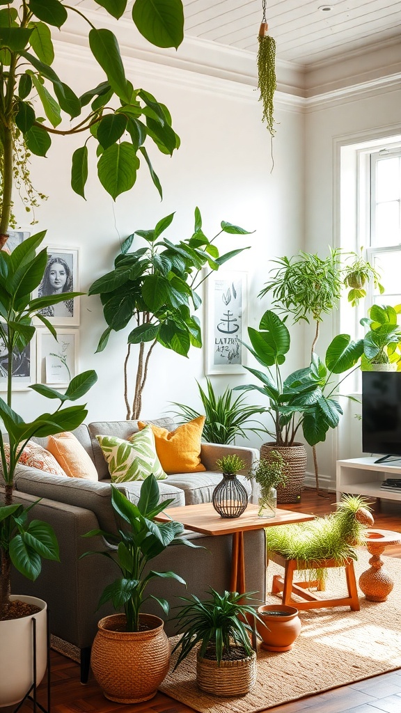 A stylish living room with various potted plants and a cozy sofa.