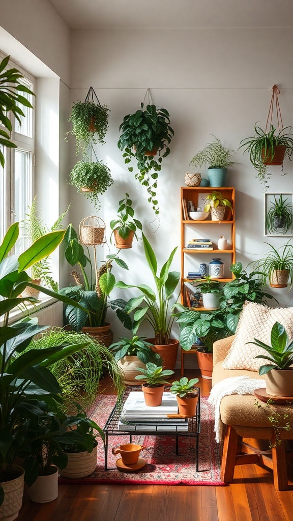 A cozy living room filled with various indoor plants, showcasing a vibrant and fresh atmosphere.