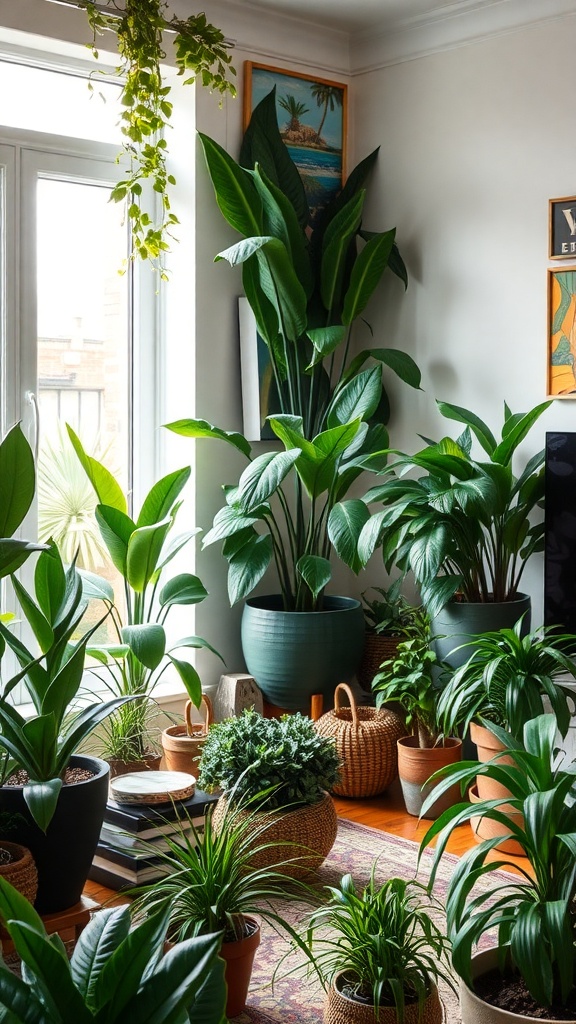 A cozy living room filled with various indoor plants, showcasing a vibrant and fresh atmosphere.
