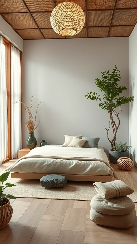 A serene Japandi bedroom featuring natural elements like plants and wooden furniture.